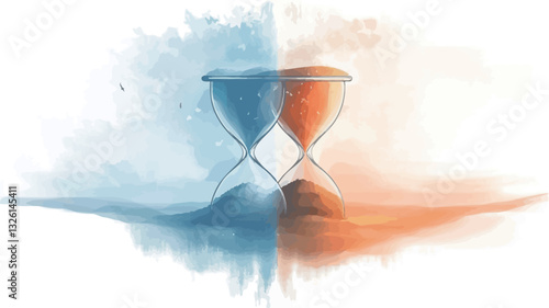 A digital illustration depicting two hourglass shapes, one filled with blue sand, the other with orange sand, positioned side-by-side, mirroring each other. Both are rendered with a soft, almost