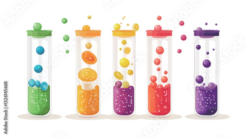 Digital illustration of five transparent test tubes containing different brightly colored liquids.  Each liquid displays varying levels of viscosity and contains numerous small, spherical bubbles