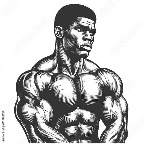 African-american bodybuilder strong, muscular man with a determined expression, symbolizing power, confidence, and athleticism sketch engraving generative ai vector illustration. Black and white image