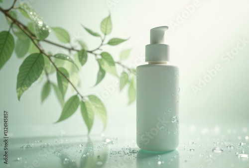 Natural skincare product. Minimalist moisturizer bottle with pump dispenser on wet surface with water droplets and green leaves.