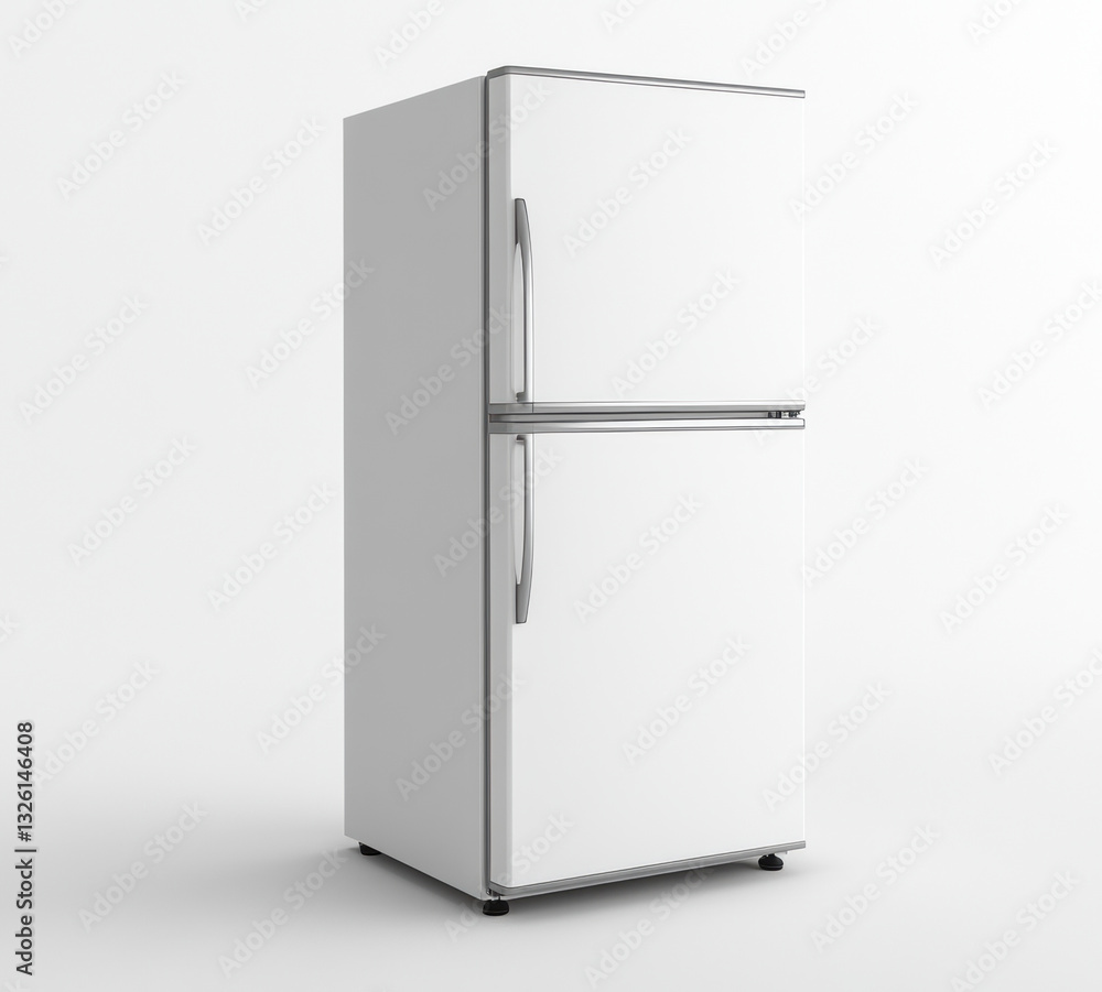 Modern white refrigerator standing in a bright kitchen space Modern white refrigerator standing in a bright kitchen space