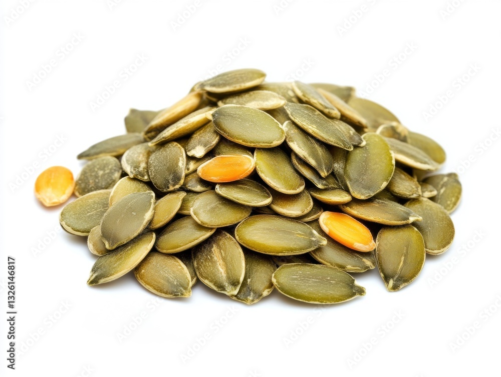 Pumpkin seeds in a pile on white background ready for consumption Pumpkin seeds in a pile on white background ready for consumption
