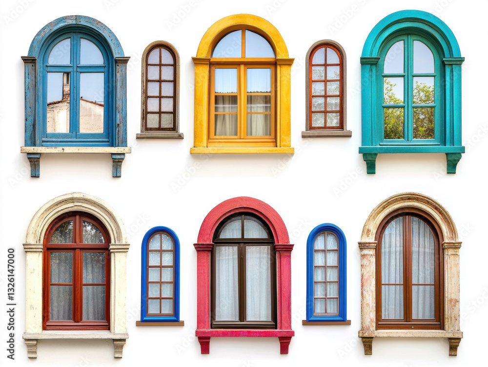 Obraz premium Colorful windows on a white wall create charming visual appeal