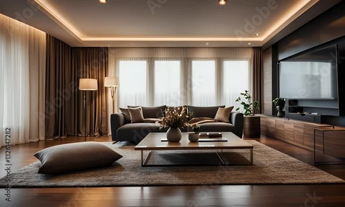 Modern living room interior design with wooden floors, large windows, comfortable sofa, and stylish coffee table.