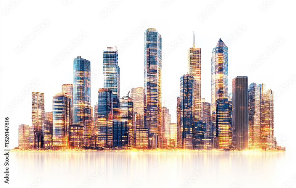 Obraz premium Modern skyline featuring illuminated skyscrapers during evening hours