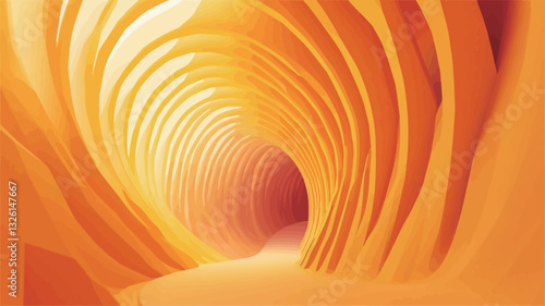 The image depicts an abstract, three-dimensional tunnel rendered in shades of orange and yellow. The tunnel's walls are composed of smooth, curving lines that create a sense of depth and