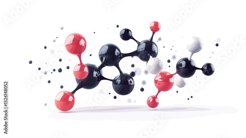 A 3D rendering of an abstract molecular structure against a white background. The image shows several interconnected spheres in red, black, and white, suggesting atoms or molecules.  The spheres