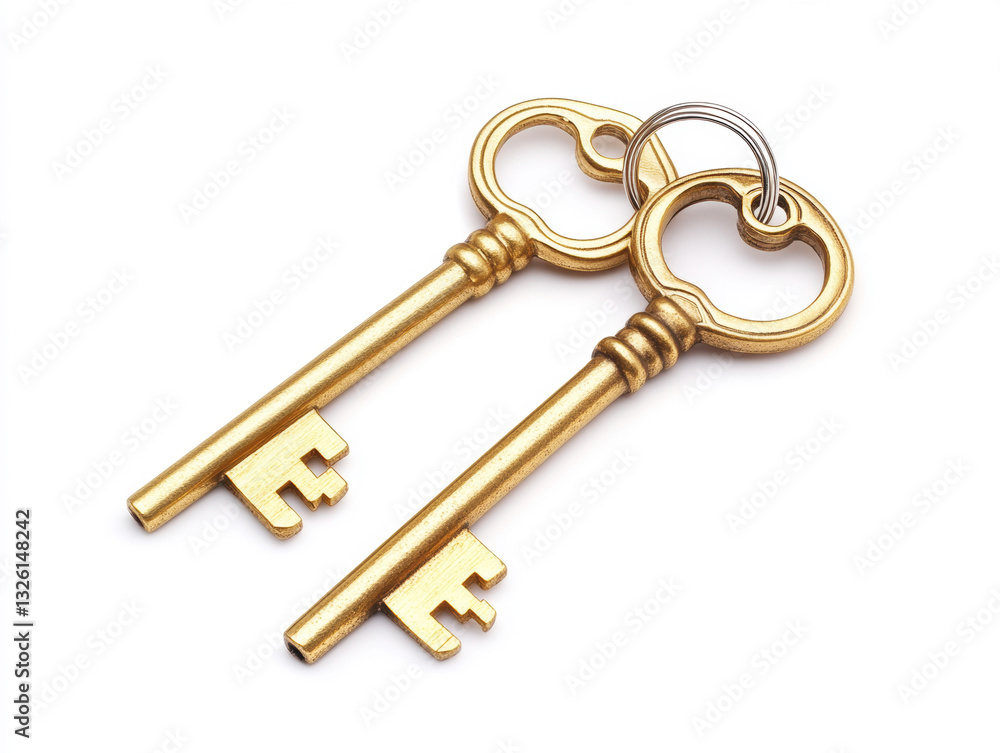 Golden keys resting on a white surface near each other Golden keys resting on a white surface near each other