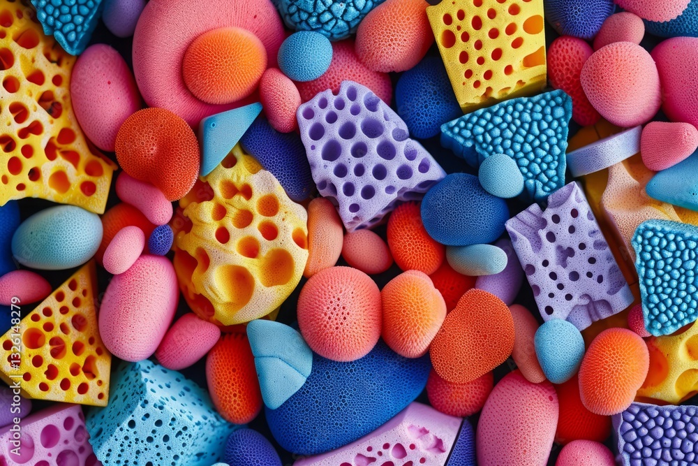 Colorful Close-Up of Vibrant Sponge Textures in Abstract Arrangement Colorful Close-Up of Vibrant Sponge Textures in Abstract Arrangement