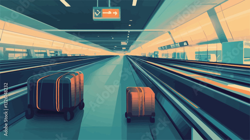 A stylized illustration depicting a long airport conveyor belt with two suitcases positioned in the foreground. The perspective is from a central point, emphasizing the length of the corridor and