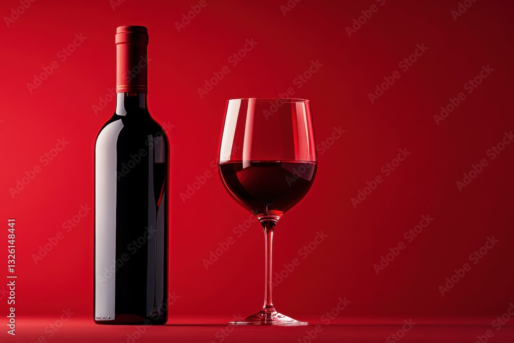 Elegant red wine bottle and glass against vibrant red backdrop Elegant red wine bottle and glass against vibrant red backdrop