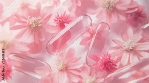 High-angle, close-up shot of several transparent pink capsules resting on a bed of delicate pink flowers. The capsules are oblong and appear to be filled with a light pink liquid or powder. The