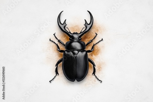 A minimalist poster featuring a stag beetle silhouette in black, with clean typography and earthy background tones