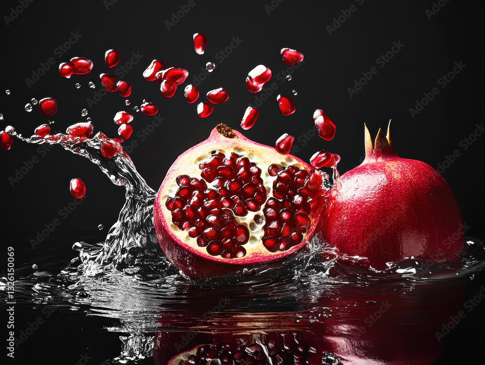 Pomegranate bursts with water droplets in a striking display Pomegranate bursts with water droplets in a striking display