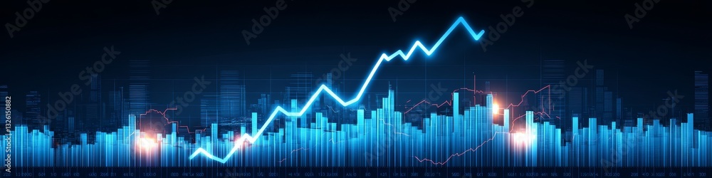 Blue, Glowing, Ascending, Dynamic Line Graph With Bars, Business Growth Or Financial Market Concept. Blue, Glowing, Ascending, Dynamic Line Graph With Bars, Business Growth Or Financial Market Concept.