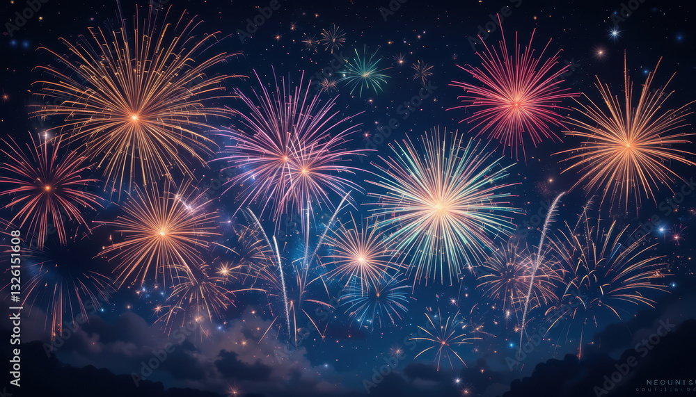 Naklejka premium Colorful fireworks display in night sky, celebrating special occasions with vibrant bursts of light and joy