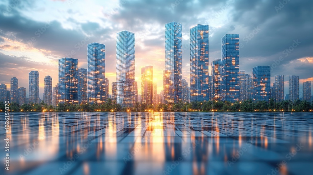 Cityscape at Sunset, Stunning Panorama of Modern Skyscrapers Reflected in a Tranquil Waterfront Cityscape at Sunset, Stunning Panorama of Modern Skyscrapers Reflected in a Tranquil Waterfront