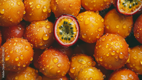 Fototapeta Naklejka Na Ścianę i Meble -  Fresh juicy passion fruits with water droplets - vibrant overhead texture for culinary design