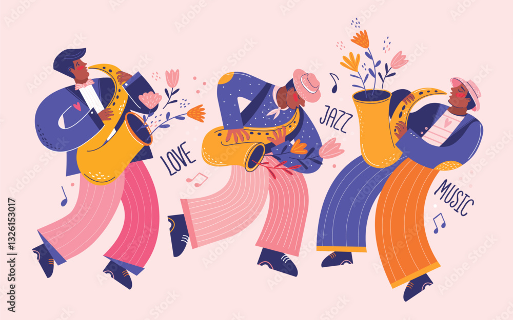 Naklejka premium Jazz quartet. Group of musicians playing jazz on saxophones. Poster, placard and flyer templates for music festival, concert, event with musical instruments. Modern vector flat colors illustration