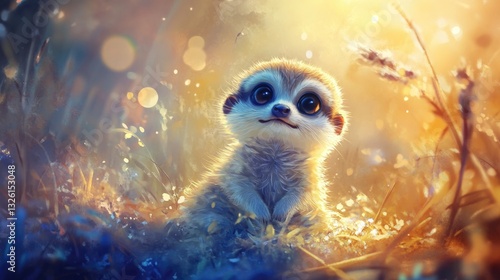 A cute meerkat sitting happily in a field of grass and light