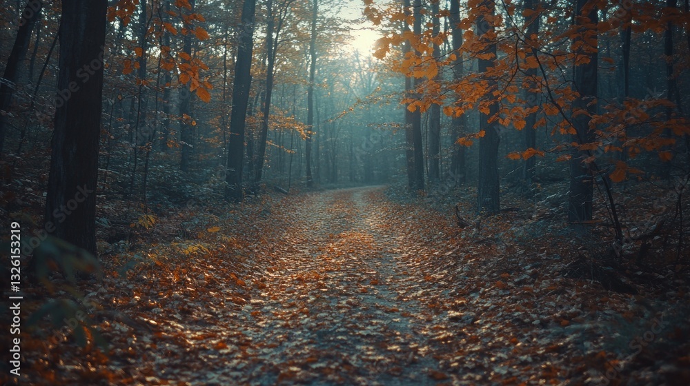 Fototapeta premium Autumnal forest path, sunlight filtering through the trees, misty atmosphere.
