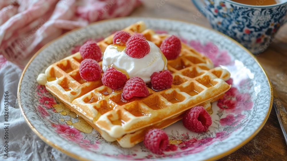 a delightful plate of golden homemade waffles, topped with a dollop of yogurt, fresh raspberries, and a drizzle of maple syrup. a delightful plate of golden homemade waffles, topped with a dollop of yogurt, fresh raspberries, and a drizzle of maple syrup.