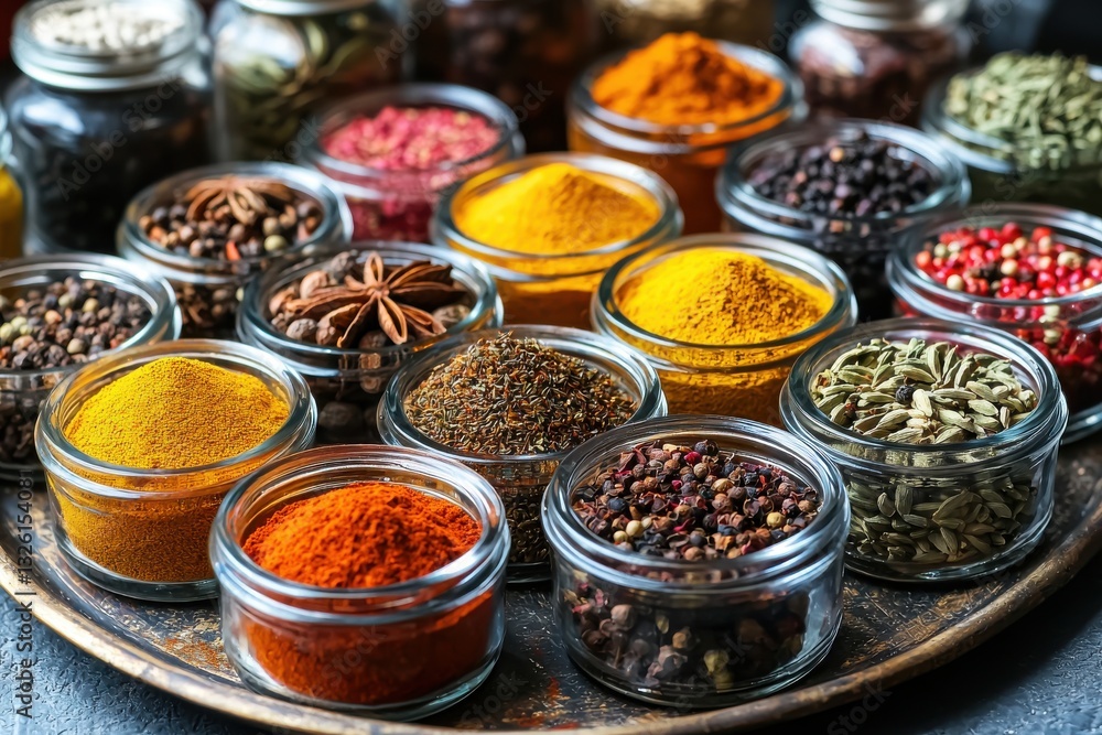 Aromatic spices and herbs arranged in glass jars, showcasing a vibrant spectrum of colors and textures, perfect for adding depth to culinary creations. Aromatic spices and herbs arranged in glass jars, showcasing a vibrant spectrum of colors and textures, perfect for adding depth to culinary creations.