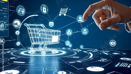 Futuristic digital shopping interface with online purchasing and e-commerce technology in a connected global network

