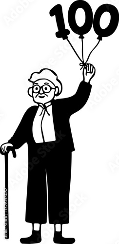 Hand Drawn Illustration of A Grandmother Holding a birthday balloon for her 100 years old