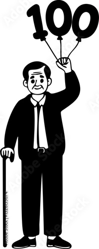 Hand Drawn Illustration of A Grandfather Holding a birthday balloon for his 100 years old