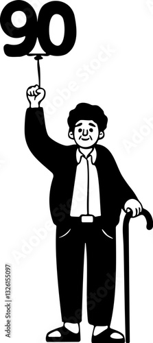 Hand Drawn Illustration of A Grandfather Holding a birthday balloon for his 90 years old