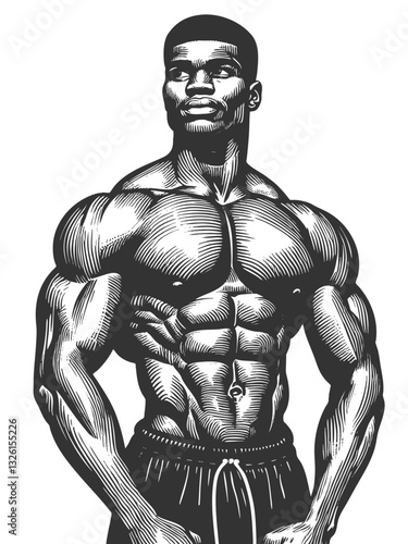 strong, muscular man african-american with a focused expression, symbolizing confidence, power, and athleticism sketch engraving generative ai vector illustration. Scratch board. Black and white image