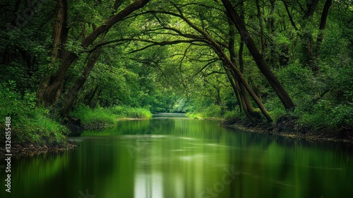 Serene woodland stream framed by lush foliage and verdant forest canopy
