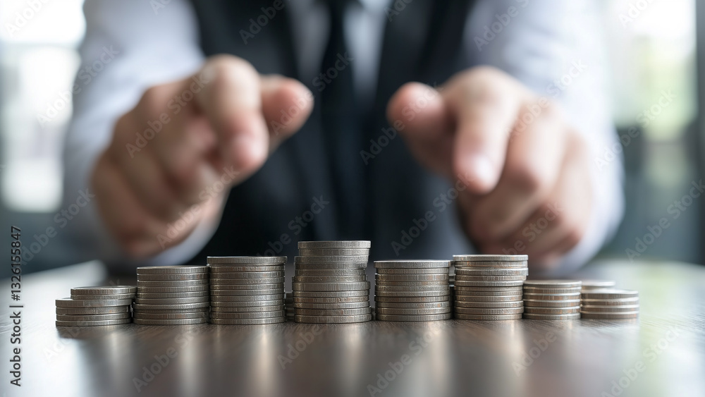 businessman pointing at stacked coins businessman pointing at stacked coins