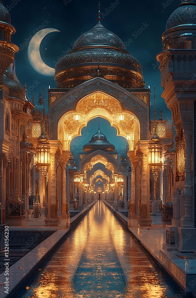 Obraz premium Lantern-Lit Palace Corridor with Crescent Moon Reflection