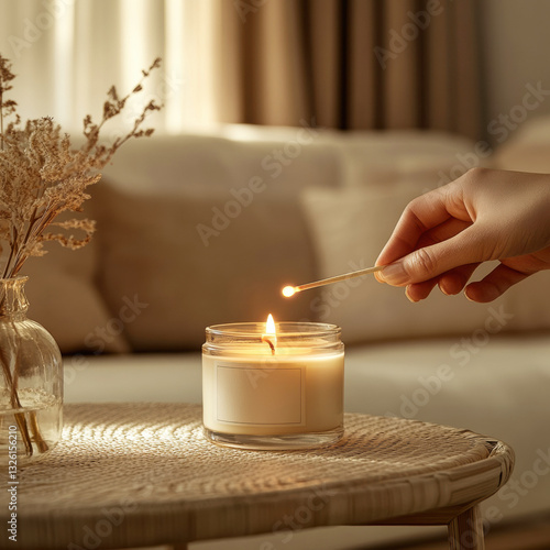 Hand lighting a candle with match in a cozy home interior, creating a warm and inviting atmosphere