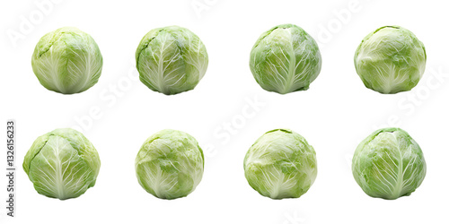 Eight whole heads of crisp green butter lettuce arranged neatly for healthy vegetable ingredient presentation against white.