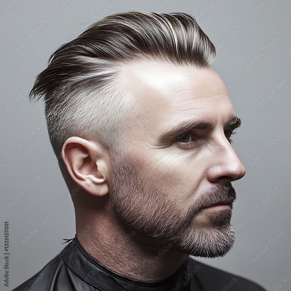 Obraz premium Man with Undercut Hairstyle and Neat Beard Facing Rightward with Grayish Tone Backdrop Portrait