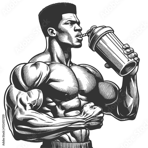 strong, muscular man drinking a protein shake, symbolizing fitness, nutrition, and bodybuilding dedication sketch engraving generative ai vector illustration. Scratch board. Black and white image.