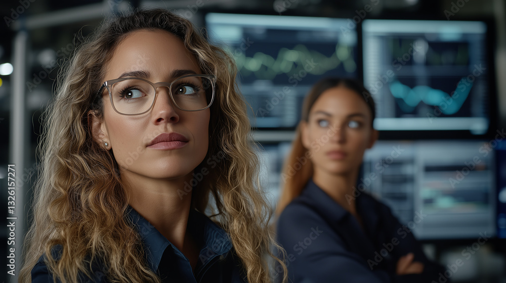 Diverse team of women are thoughtfully analyzing data on screens, focused on technology advancement and collaborate with colleagues Diverse team of women are thoughtfully analyzing data on screens, focused on technology advancement and collaborate with colleagues