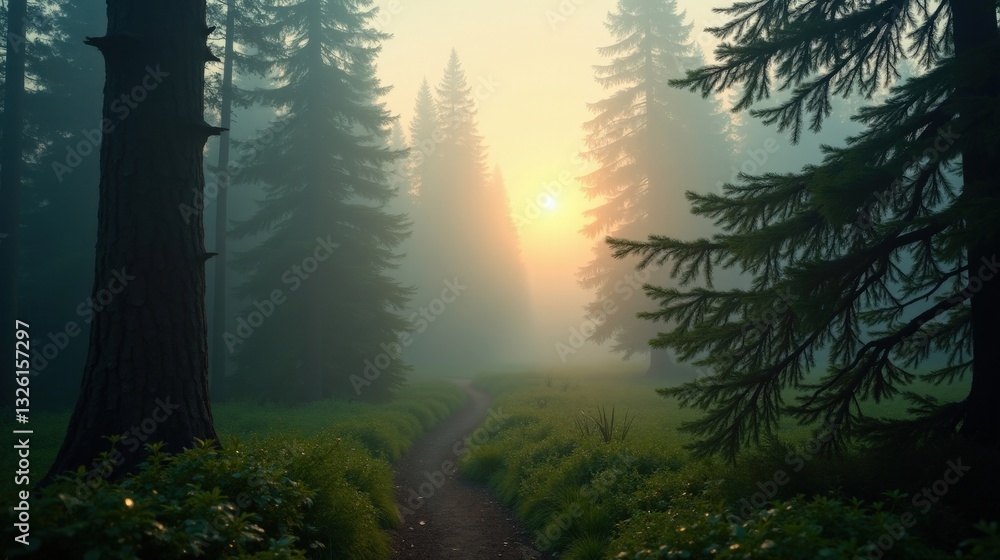 Obraz premium A misty evergreen forest at dawn, sunlight piercing through thick fog, illuminating delicate dewdrops on pine needles, creating a mystical and serene atmosphere.