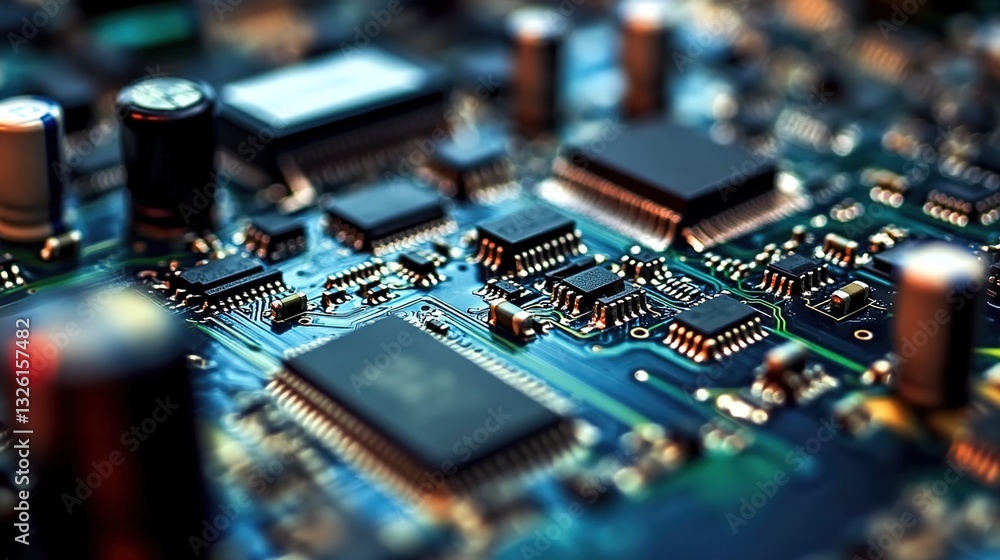 Close-up of an electronic circuit board with various components and devices, such as wires, LEDs, crystals, and battery parts. Close-up of an electronic circuit board with various components and devices, such as wires, LEDs, crystals, and battery parts.