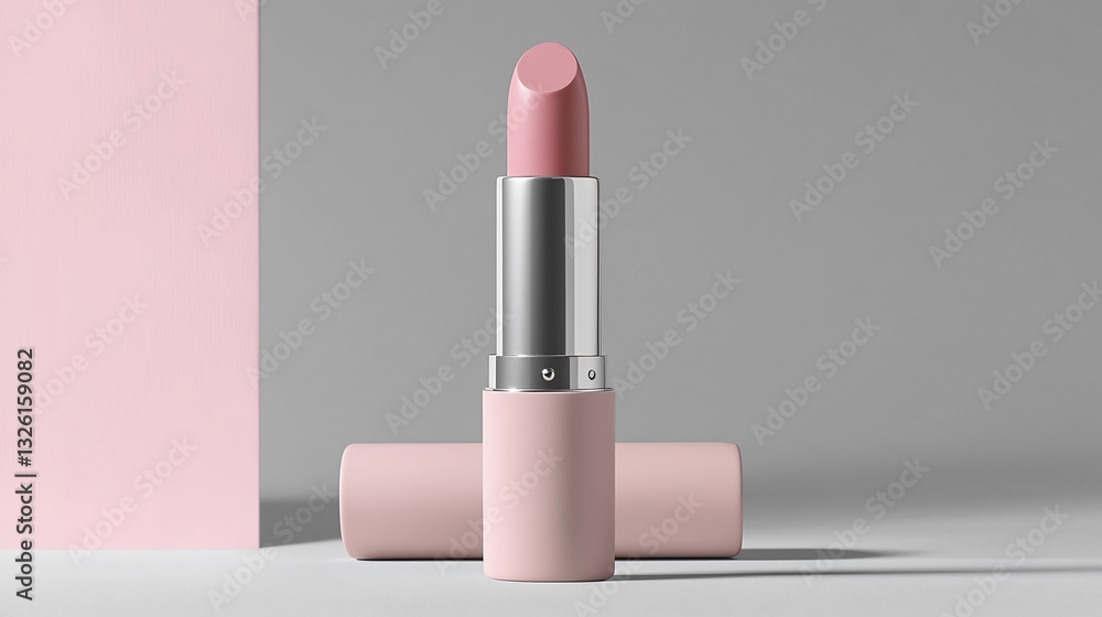 Minimalist matte lipstick tube mockup standing upright a pastel toned surface with diffused lighting for a soft elegant presentation Minimalist matte lipstick tube mockup standing upright a pastel toned surface with diffused lighting for a soft elegant presentation
