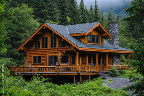Fototapeta Naklejka Na Ścianę i Meble -  Alaska Cabin. Old Wooden House in Forest Setting Inspired by Nature