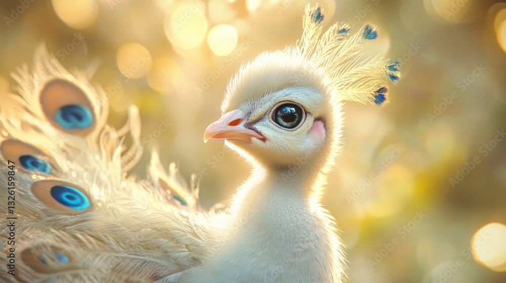 Fototapeta premium A close up portrait of a fluffy white baby peafowl