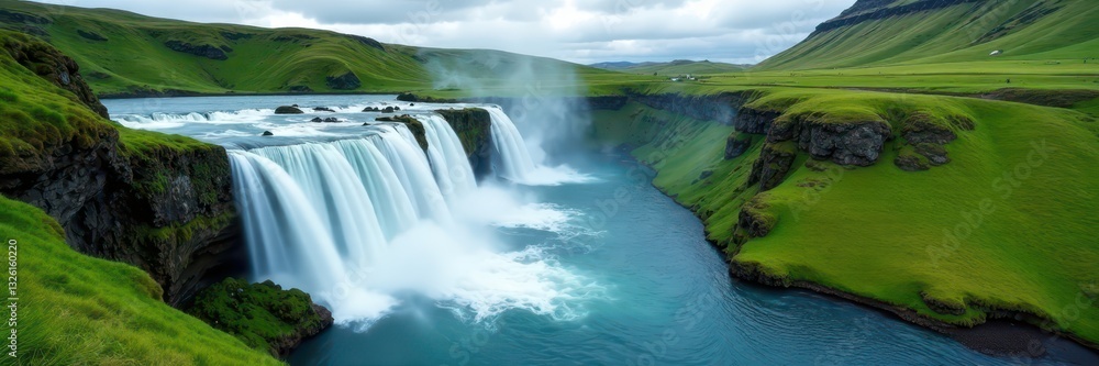 Fototapeta premium Powerful Skogafoss torrent, lush green setting, beauty, outdoor, destination