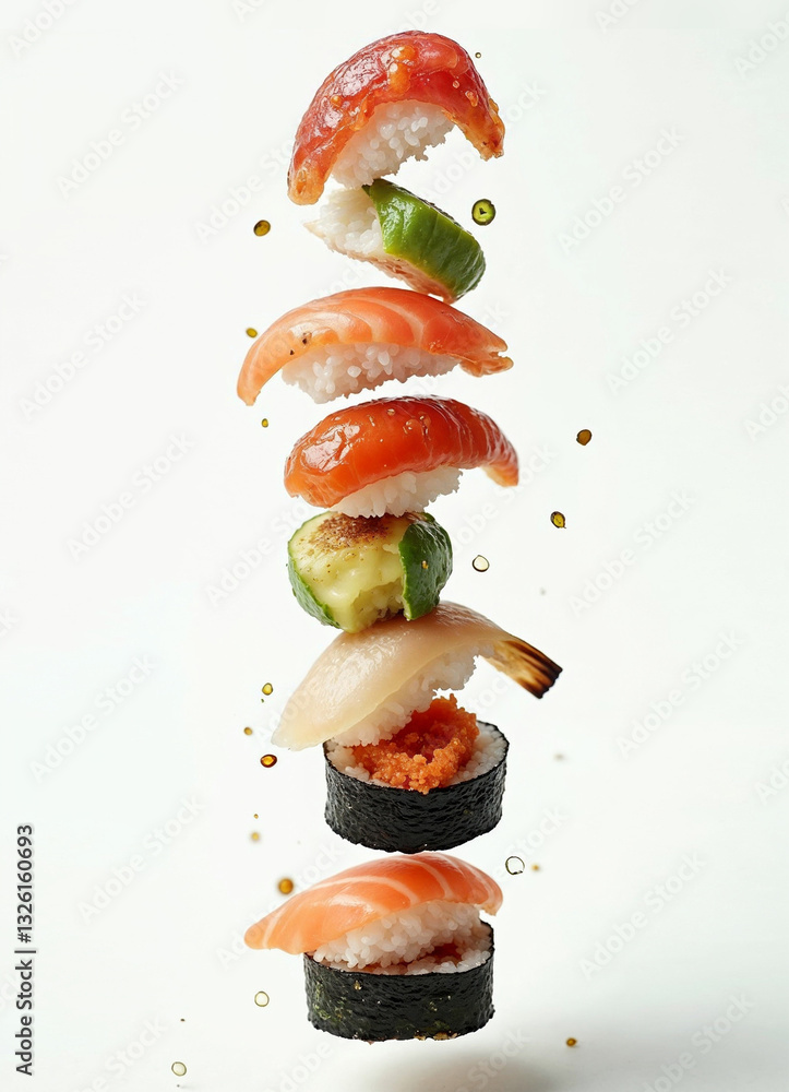 A creative tower composition of flying imbalanced sushi, magazine cover design, white background, high detail mockup menu