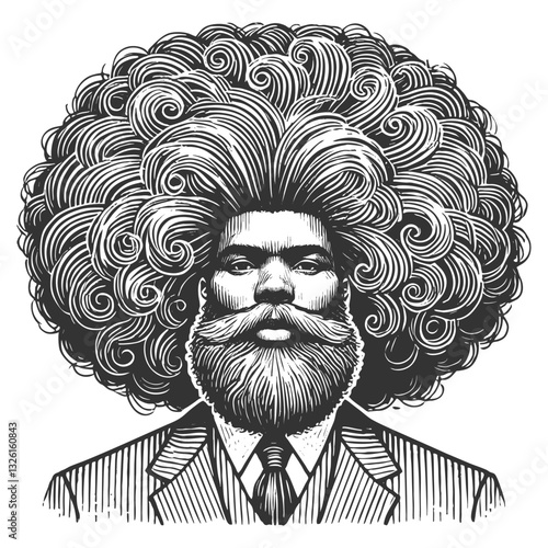 man with an exaggerated voluminous afro hairstyle, blending artistic surrealism with a bold vintage aesthetic sketch engraving generative ai vector illustration. Scratch board. Black and white image.