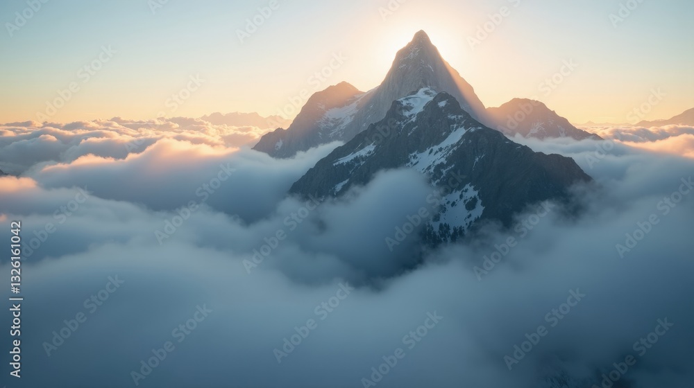 A towering misty mountain peak emerging above dense clouds, bathed in golden sunlight, its rugged slopes glowing as morning light breaks through. A towering misty mountain peak emerging above dense clouds, bathed in golden sunlight, its rugged slopes glowing as morning light breaks through.