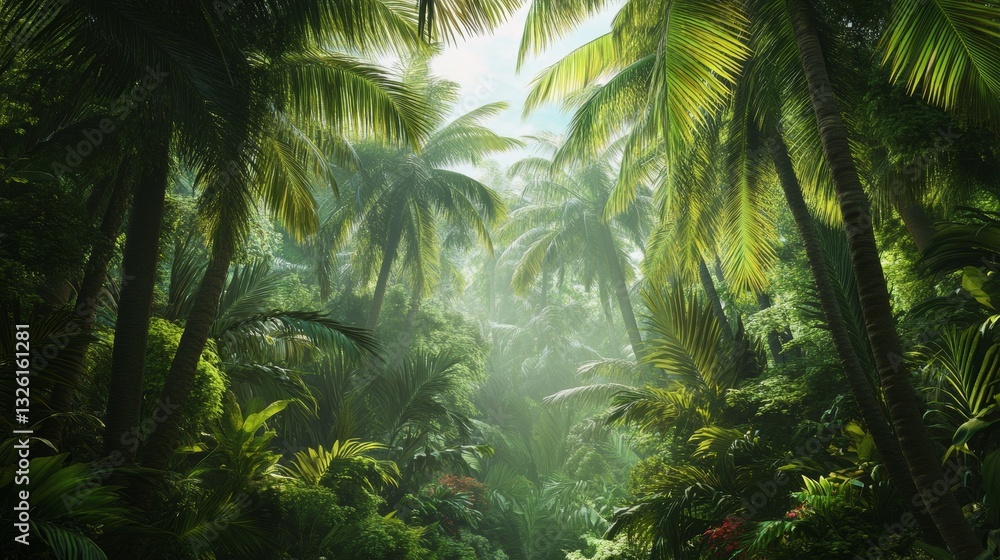 Naklejka premium Lush Tropical Jungle with Diverse Palm Trees in Earthy Colors